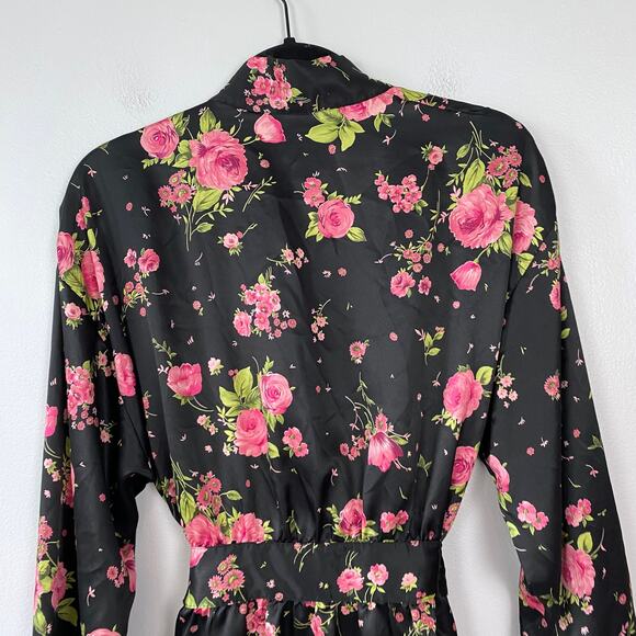Victoria's Secret Y2K Satin Robe Black Floral Kimono Waist Tie Pink VTG One Size - Picture 8 of 13